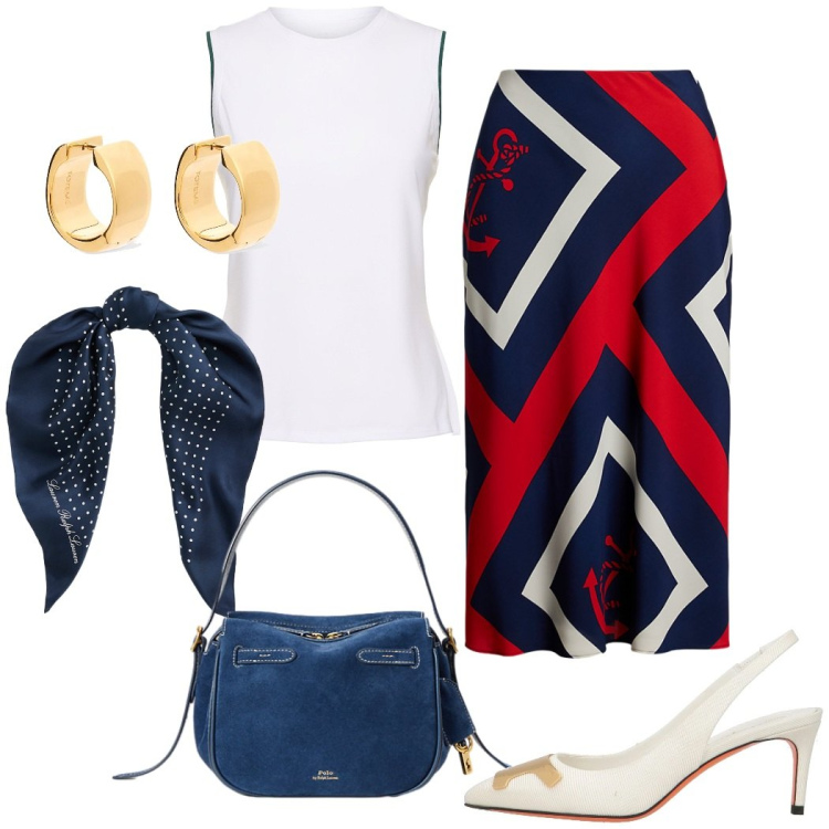 Outfit donna - Happy hour al circolo nautico. Stile Chic per Serata fuori. Abbinamento con décolleté, foulard, borse a mano, gonne longuette, top, orecchini.