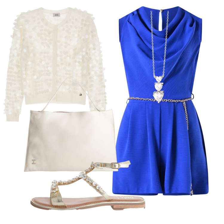 Outfit donna - La jumpsuit blu royal. Stile Chic per Serata fuori. Abbinamento con collane, tuta corta, borse a spalla, cardigans, sandali.