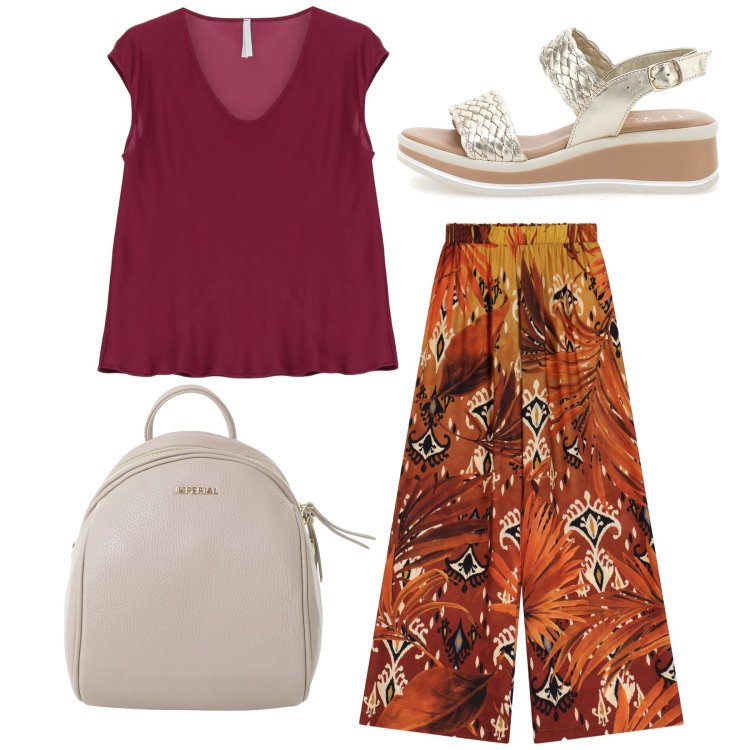 Outfit donna - Pantapalazzo. Stile Bon Ton per Tutti i giorni. Abbinamento con top, pantaloni a palazzo, zaini, sandali.