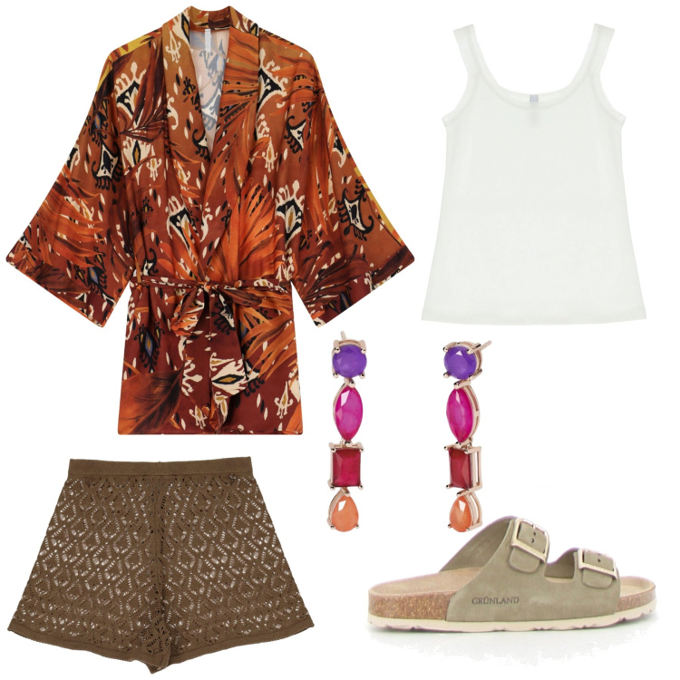 Outfit donna - Viaggio in Turchia. Stile Casual chic per Mare. Abbinamento con orecchini, canottiere, kimono, shorts, ciabatte.