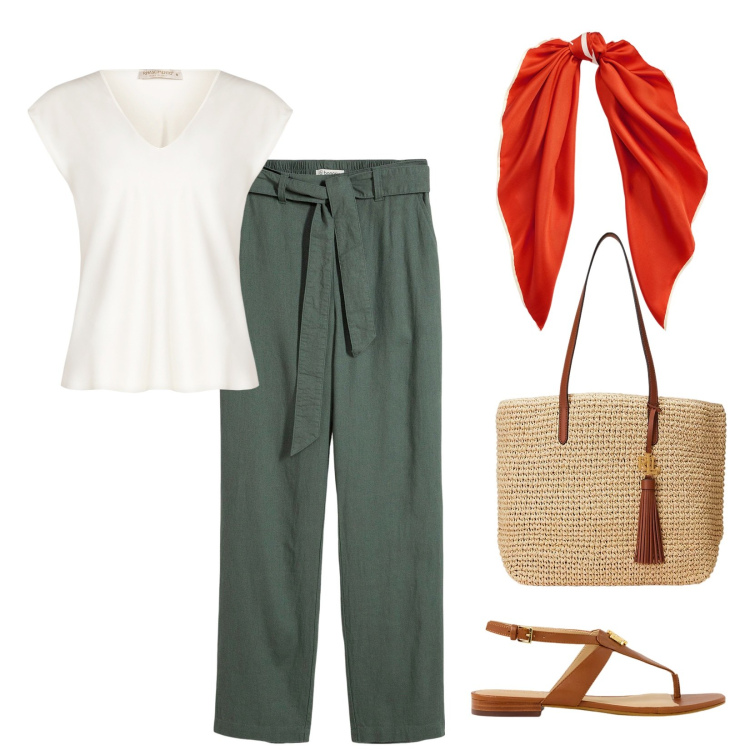 Outfit donna - Città d\'estate. Stile Casual chic per Tutti i giorni. Abbinamento con pantaloni, bluse, borse tote, foulard, sandali.