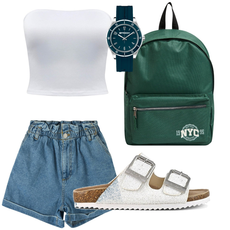 Outfit donna - Comodo e veloce. Stile Basic per Tutti i giorni. Abbinamento con shorts, zaini, top, orologi, sandali.