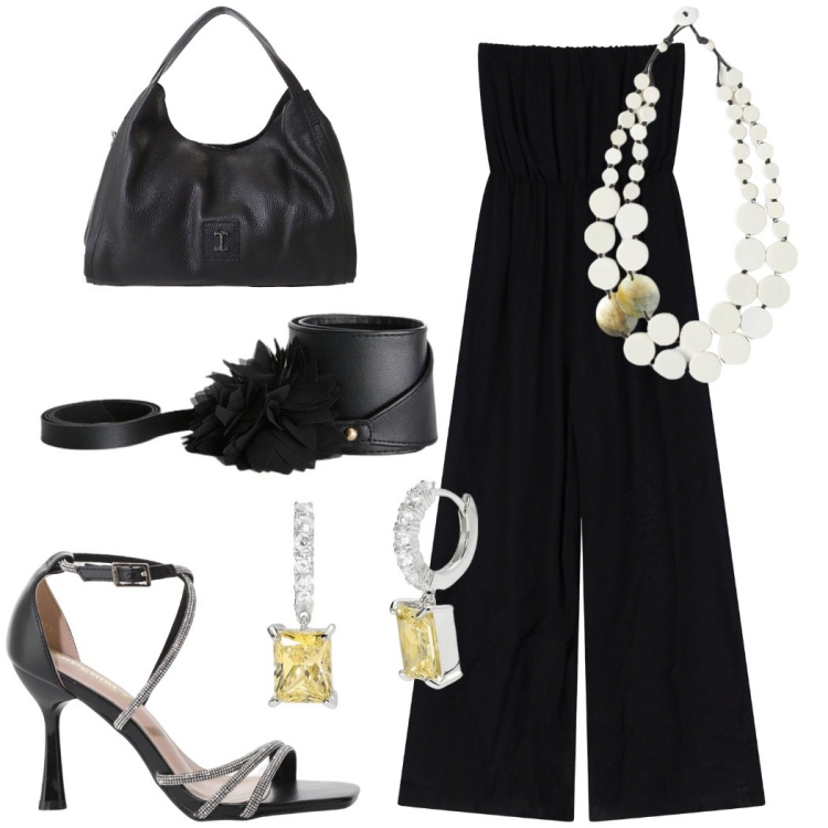 Outfit donna - La Jumpsuit con le spalle scoperte. Stile Glamour per Serata fuori. Abbinamento con orecchini, tute, sandali col tacco, pochette, ciondoli, cinture.