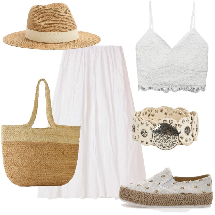Outfit donna - Bianco romantico in campagna. Stile Boho per Tutti i giorni. Abbinamento con shopping bag, gonne lunghe, cappelli, canottiere, cinture, espadrillas.