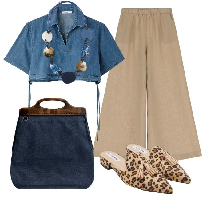 Outfit donna - Safari in città.. Stile Trendy per Tutti i giorni. Abbinamento con camicie a manica corta, sabot, pantaloni, borse a tracolla, collane.
