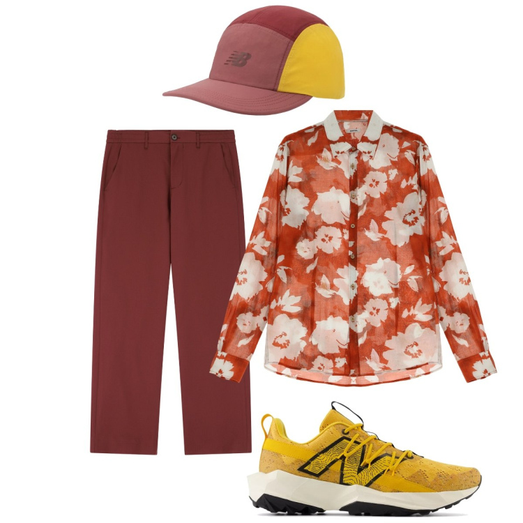 Outfit uomo - Colori caldi. Stile Trendy per Tutti i giorni. Abbinamento con sneakers, cappelli con visiera, pantaloni, camicie.