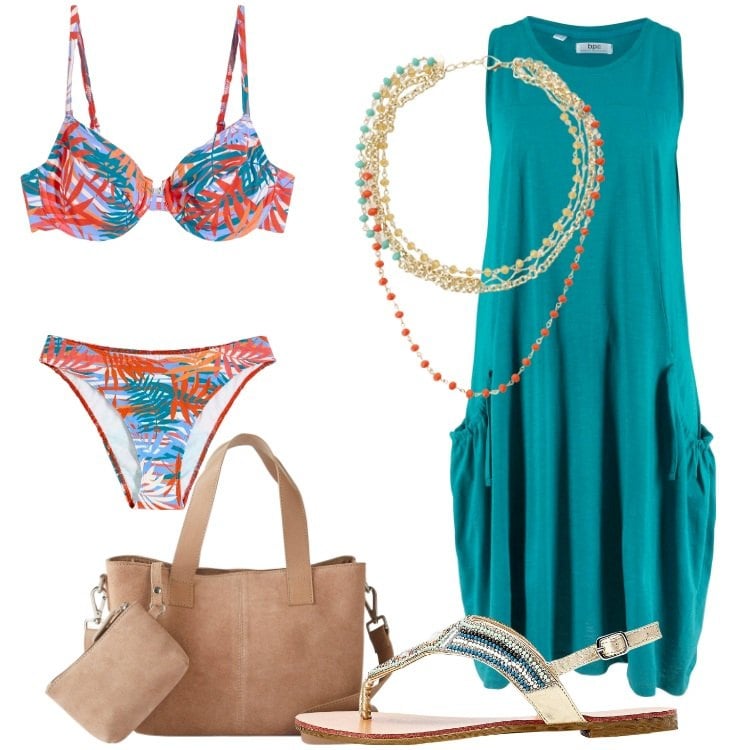 Outfit donna - Costumi colorati - @nike75. Stile Etnico per Mare. Abbinamento con vestiti, ciabatte, bikini, borse a mano, collane.