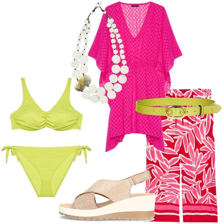 Outfit donna - Colori vivaci e tropicali. Stile Basic per Mare. Abbinamento con cinture, sandali col tacco, caftani, pantaloni a palazzo, bikini, ciondoli.