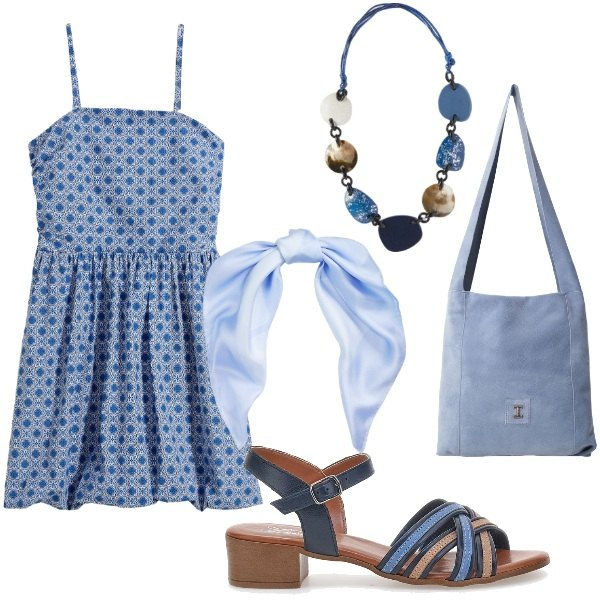 Outfit donna - Le serate di Luglio. Stile Casual per Serata fuori. Abbinamento con vestiti, borse a tracolla, foulard, sandali col tacco, collane.