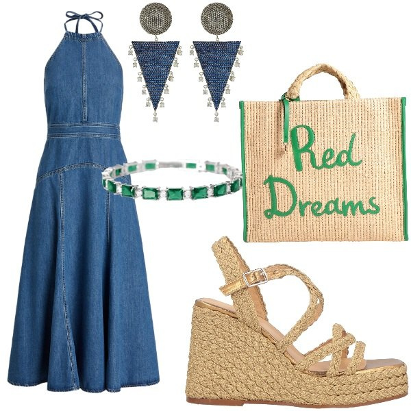 Outfit donna - A cena a casa di amici. Stile Casual chic per Serata fuori. Abbinamento con espadrillas, borse a mano, braccialetti, vestiti, orecchini.