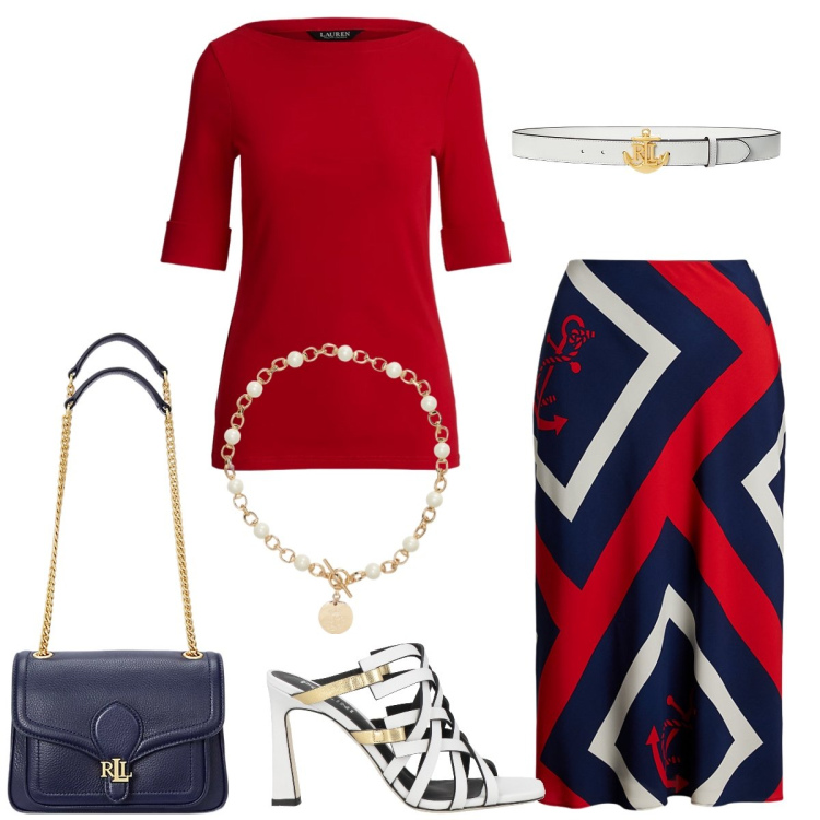Outfit donna - Geometrie. Stile Chic per Tutti i giorni. Abbinamento con sandali in pelle, collane, borse a spalla, t-shirt, cinture, gonne longuette.