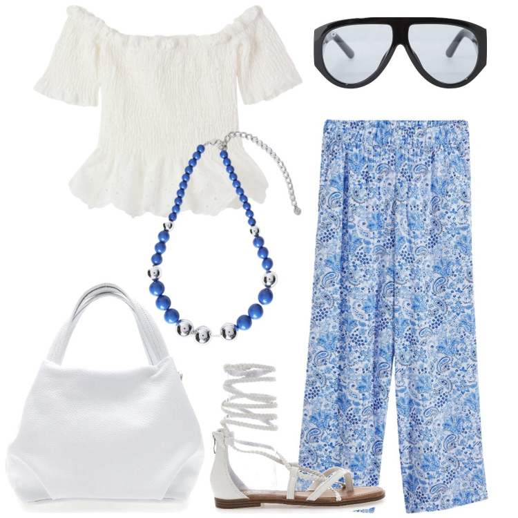 Outfit donna - In vacanza. Stile Boho per Tutti i giorni. Abbinamento con pantaloni, bluse, occhiali da sole, sandali alla schiava, collane, borse a spalla.