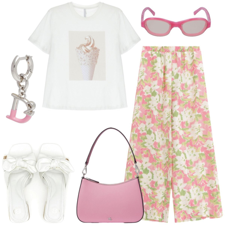 Outfit donna - Pantaloni freschi. Stile Casual per Tutti i giorni. Abbinamento con orecchini, t-shirt, pantaloni a palazzo, borse a spalla, ciabatte, occhiali da sole.