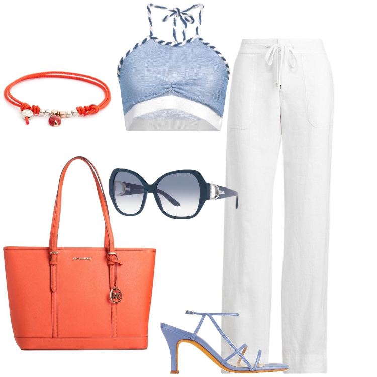 Outfit donna - In vacanza. Stile Casual chic per Tutti i giorni. Abbinamento con sandali in pelle, top, borse a spalla, pantaloni, occhiali da sole, braccialetti.