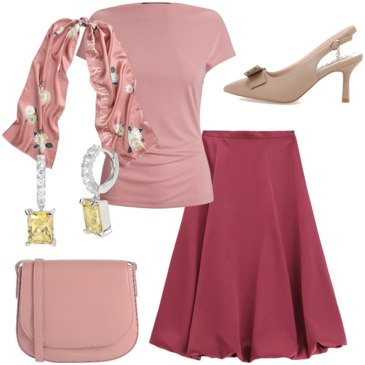 Outfit donna - Rosa bon ton. Stile Bon Ton per Cerimonia. Abbinamento con borse a tracolla, orecchini, gonne longuette, foulard, maglieria, décolleté.