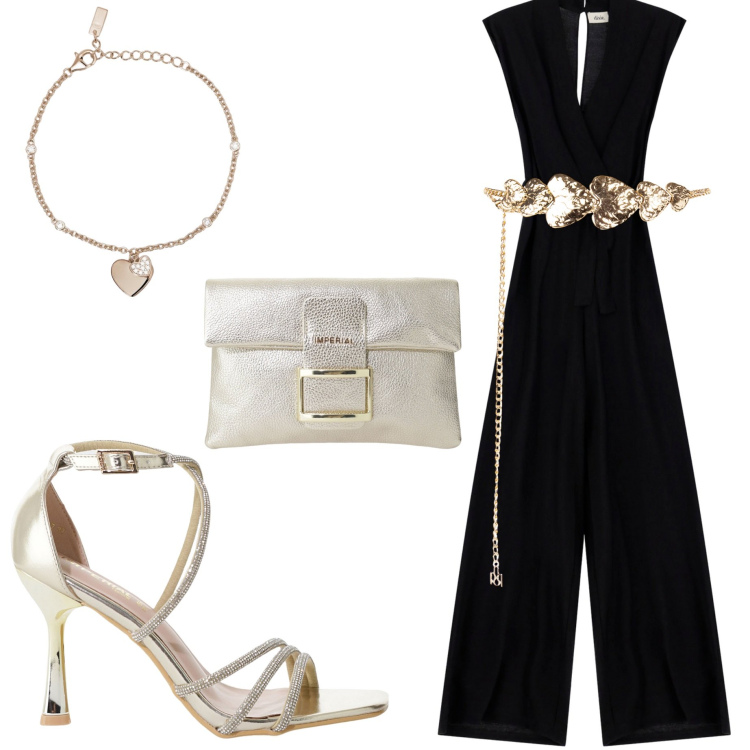 Outfit donna - Jumpsuit a luglio. Stile Casual chic per Serata fuori. Abbinamento con braccialetti con ciondoli, cinture, sandali col tacco, pochette, tute.