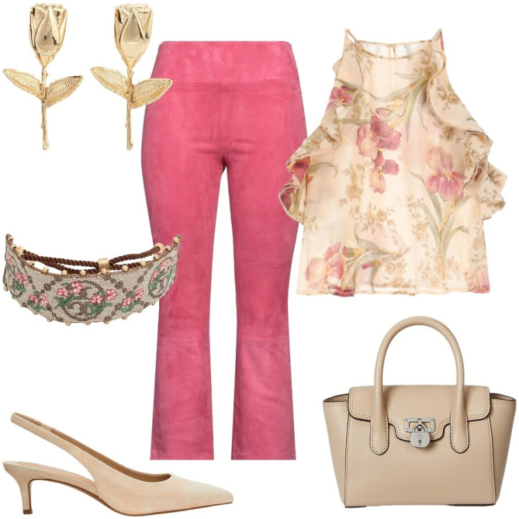 Outfit donna - Eleganti fiori in rosa e beige. Stile Chic per Cerimonia. Abbinamento con braccialetti, pantaloni, canottiere, décolleté, borse a mano, orecchini.