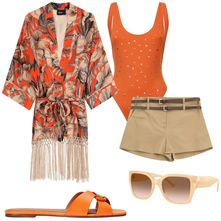 Outfit donna - Costumi colorati. Stile Casual chic per Mare. Abbinamento con shorts, kimono, occhiali da sole, sandali in pelle, costumi interi.