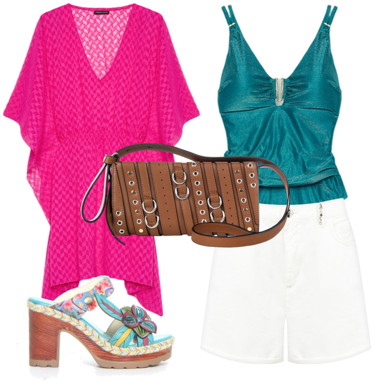 Outfit donna - Colori tropicali. Stile Casual per Mare. Abbinamento con borse a spalla, shorts, ciabatte, costumi interi, caftani.