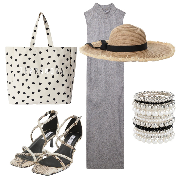 Outfit donna - Total look. Stile Glamour per Tutti i giorni. Abbinamento con braccialetti, sandali col tacco, vestiti senza maniche, borse tote, cappelli.