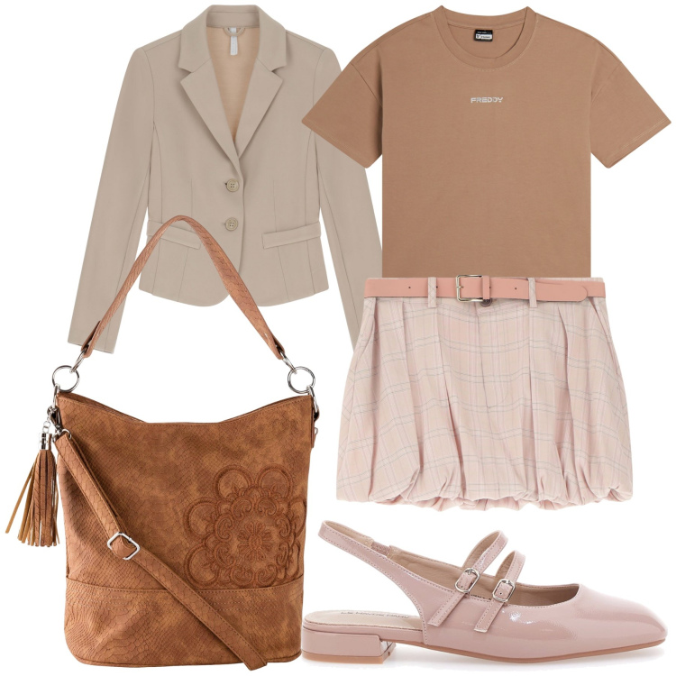 Outfit donna - Total look. Stile Urban per Tutti i giorni. Abbinamento con borse a mano, minigonne, blazer, t-shirt, ballerine.