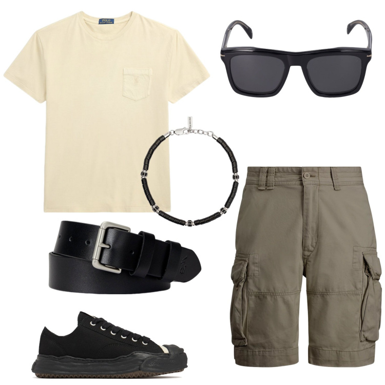 Outfit uomo - Giallo e Verde. Stile Trendy per Tutti i giorni. Abbinamento con braccialetti, cinture, shorts, t-shirt, occhiali da sole, sneakers.
