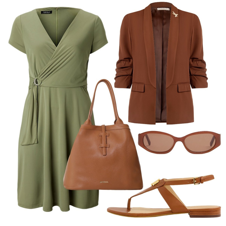Outfit donna - Ultimi giorni in ufficio. Stile Bon Ton per Ufficio. Abbinamento con borse tote, blazer, vestiti midi/longuette, sandali, occhiali da sole.