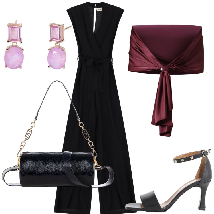 Outfit donna - Tuta per la sera. Stile Chic per Serata fuori. Abbinamento con orecchini, scialli, borse a mano, sandali col tacco, tute.
