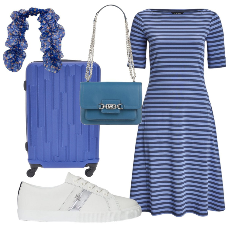 Outfit donna - Il vestito comodo per viaggiare. Stile Casual chic per Tutti i giorni. Abbinamento con borse a spalla, sneakers, vestiti, sciarpe, valigie.