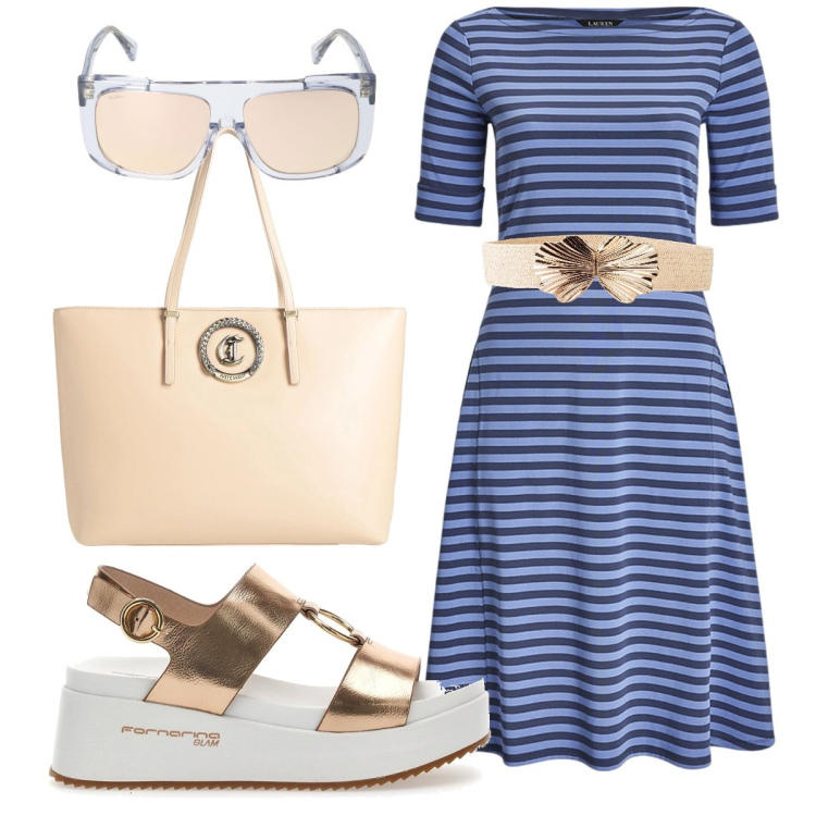 Outfit donna - L’abitino midi a righe. Stile Bon Ton per Ufficio. Abbinamento con cinture, borse a mano, vestiti, sandali, occhiali da sole.