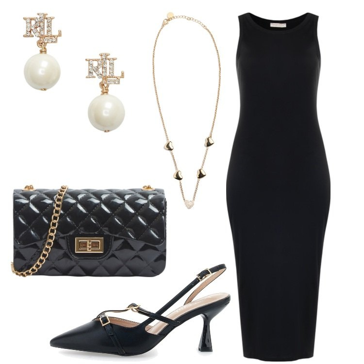 Outfit donna - Il tubino nero. Stile Bon Ton per Serata fuori. Abbinamento con borse a tracolla, vestiti, collane, orecchini, décolleté.