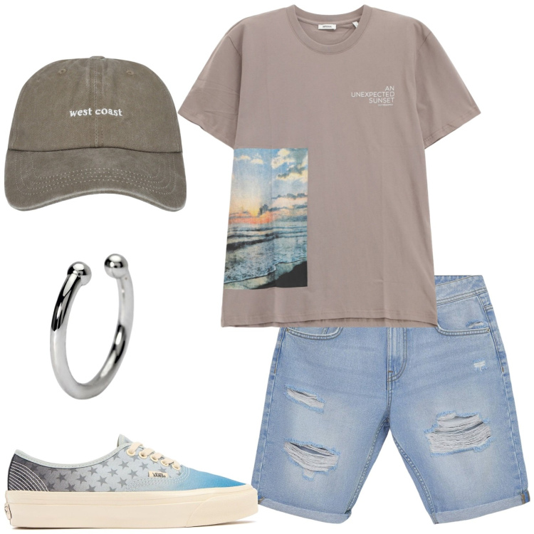 Outfit uomo - An unexspected sunset. Stile Casual per Tutti i giorni. Abbinamento con cappelli, bermuda, orecchini, t-shirt, sneakers.