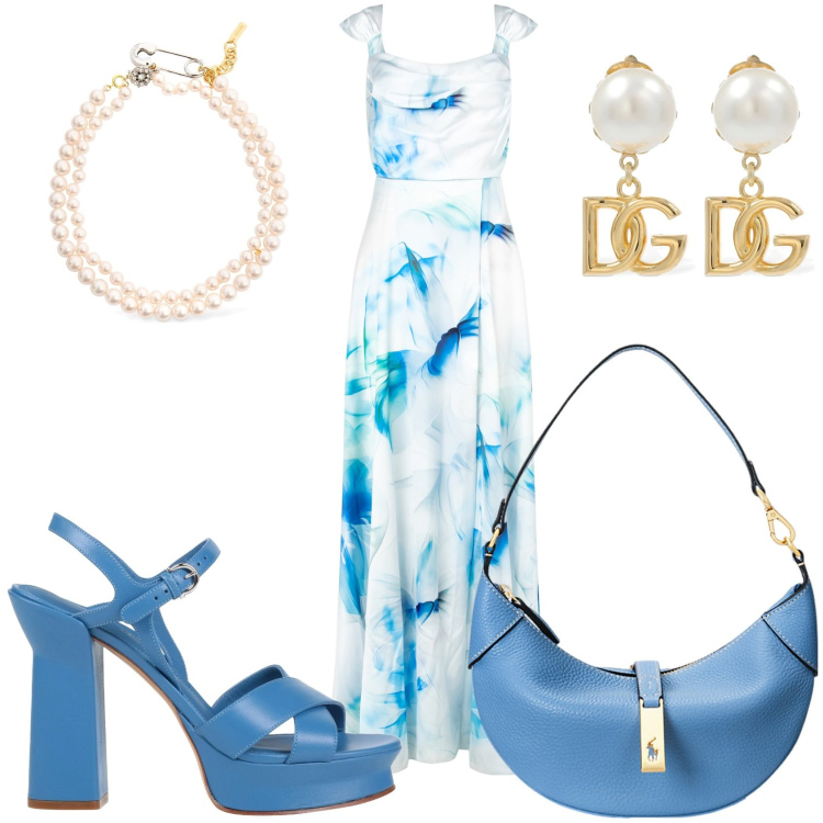 Outfit donna - Lungo bianco e celeste. Stile Chic per Cerimonia. Abbinamento con sandali in pelle, vestiti, borse a spalla, collane, orecchini.