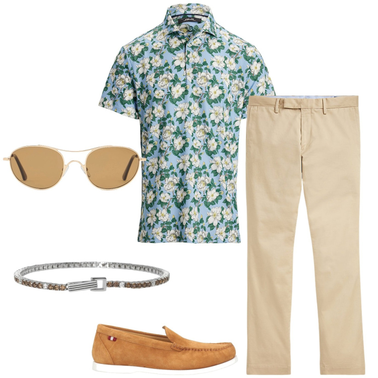 Outfit uomo - Lo stile inconfondibile di Graziano. Stile Trendy per Tutti i giorni. Abbinamento con scarpe stringate, braccialetti, pantaloni chino, polo, occhiali da sole.
