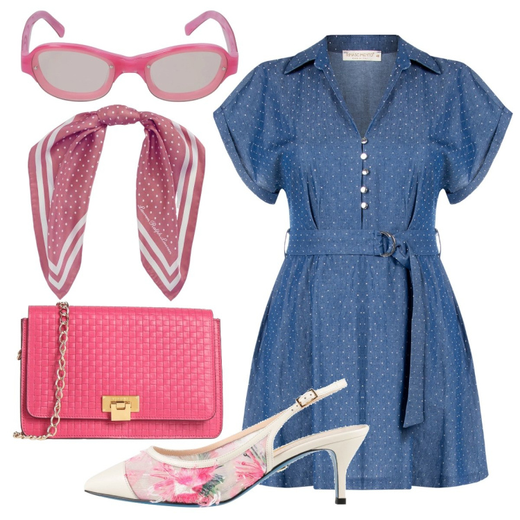 Outfit donna - Serata romantica. Stile Bon Ton per Serata fuori. Abbinamento con décolleté, borse a tracolla, vestiti, foulard, occhiali da sole.