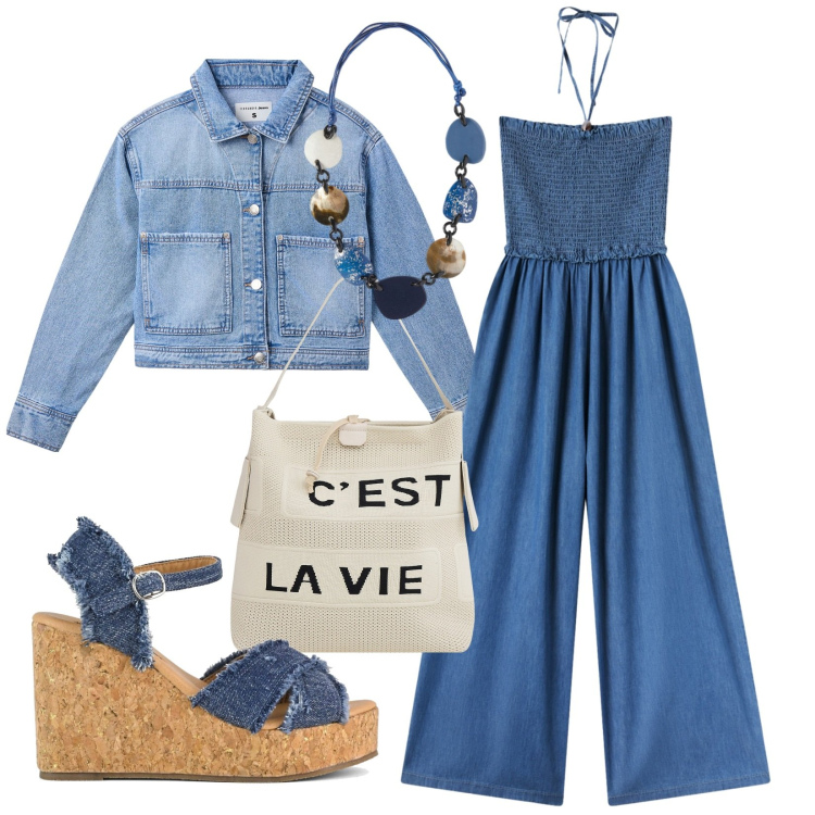 Outfit donna - A tutto denim. Stile Casual per Tutti i giorni. Abbinamento con tute, cappotti, borse a mano, zeppe, collane.