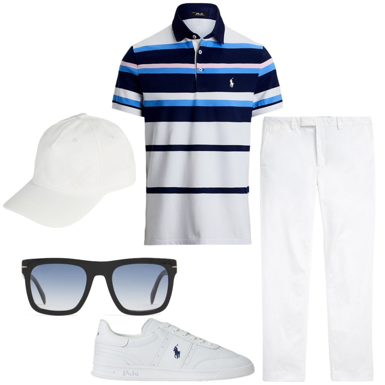 Outfit uomo - A passeggio. Stile Trendy per Tutti i giorni. Abbinamento con cappelli con visiera, sneakers, polo, pantaloni chino, occhiali da sole.