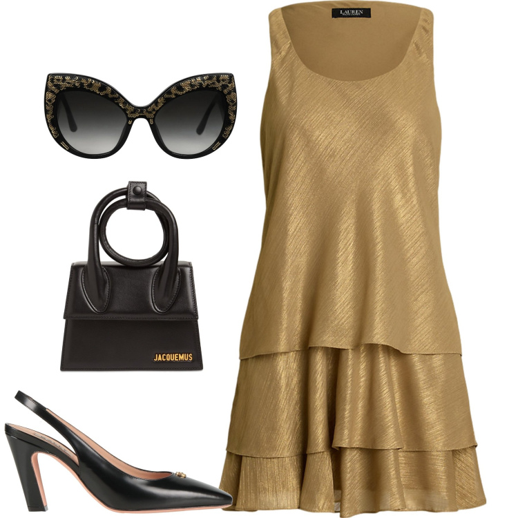 Outfit donna - La classe in estate. Stile Glamour per Cerimonia. Abbinamento con occhiali da sole, décolleté, vestiti senza maniche, borse a mano.