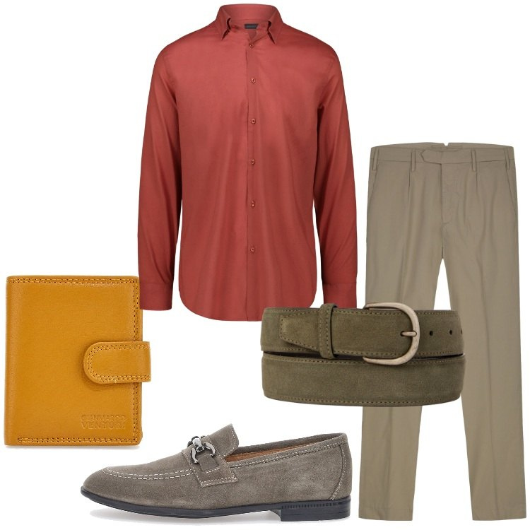 Outfit uomo - Colori solari a luglio. Stile Trendy per Serata speciale. Abbinamento con scarpe stringate, portafogli, camicie, pantaloni, cinture.