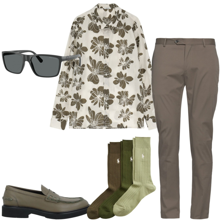 Outfit uomo - E poi uscire insieme a lei. Stile Trendy per Serata speciale. Abbinamento con pantaloni, scarpe stringate, camicie, occhiali da sole, calzini.