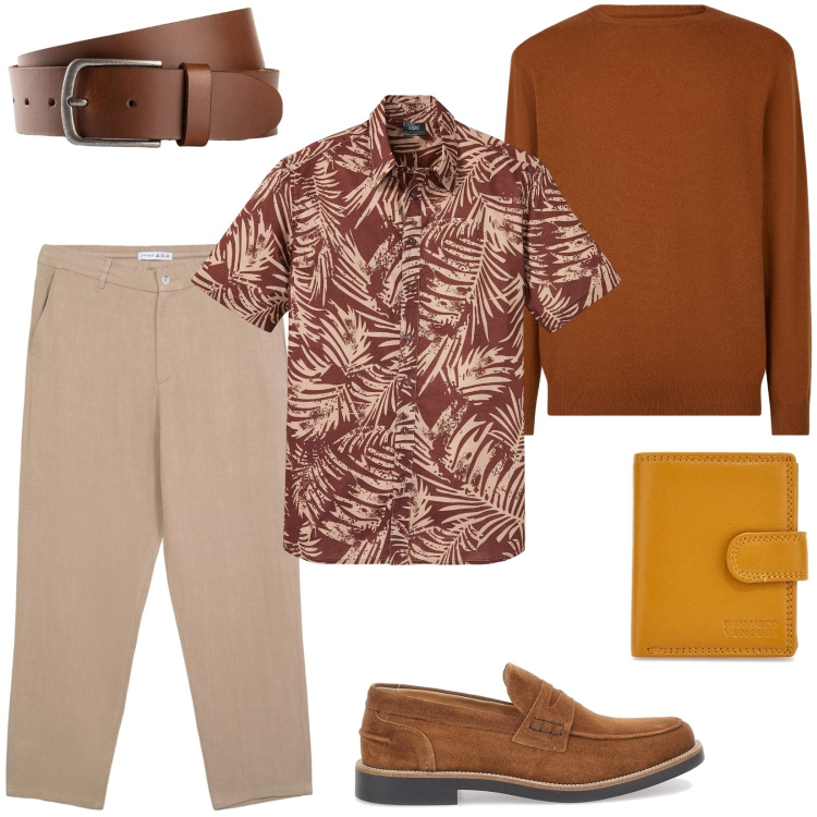 Outfit uomo - Terracotta, colore solare e raffinato. Stile Casual per Tutti i giorni. Abbinamento con cinture, camicie a manica corta, pantaloni chino, maglieria, portafogli, scarpe stringate.