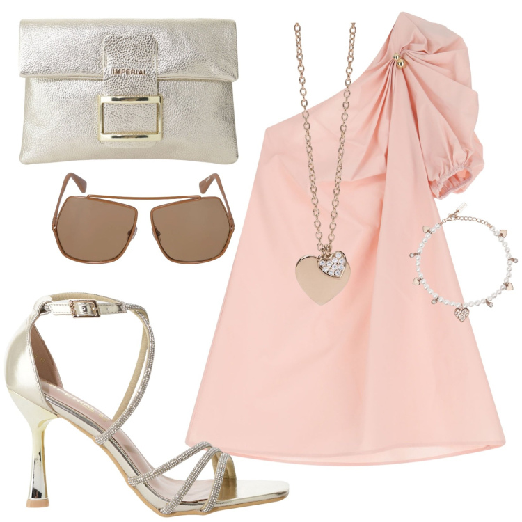 Outfit donna - Un Estate sbarazzina. Stile Casual chic per Cerimonia. Abbinamento con braccialetti, ciondoli, vestiti corti, sandali col tacco, pochette, occhiali da sole.