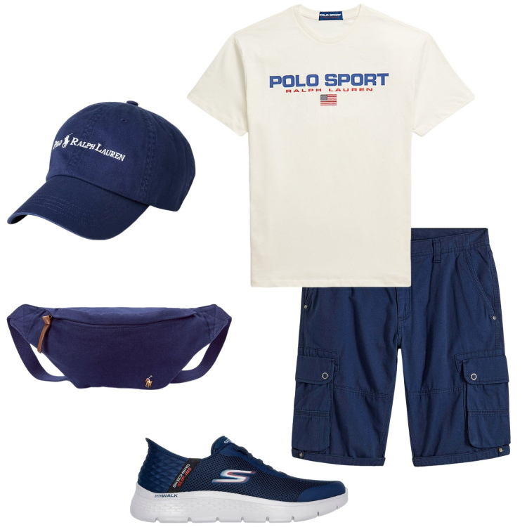 Outfit uomo - Blu protagonista. Stile Casual per Tutti i giorni. Abbinamento con bermuda, borse sportive, t-shirt, cappelli, sneakers.