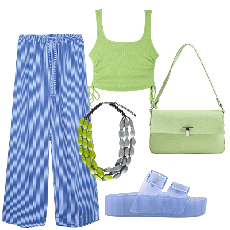 Outfit donna - Falò in spiaggia. Stile Casual per Serata fuori. Abbinamento con pantaloni, top, borse a spalla, sandali, collane.