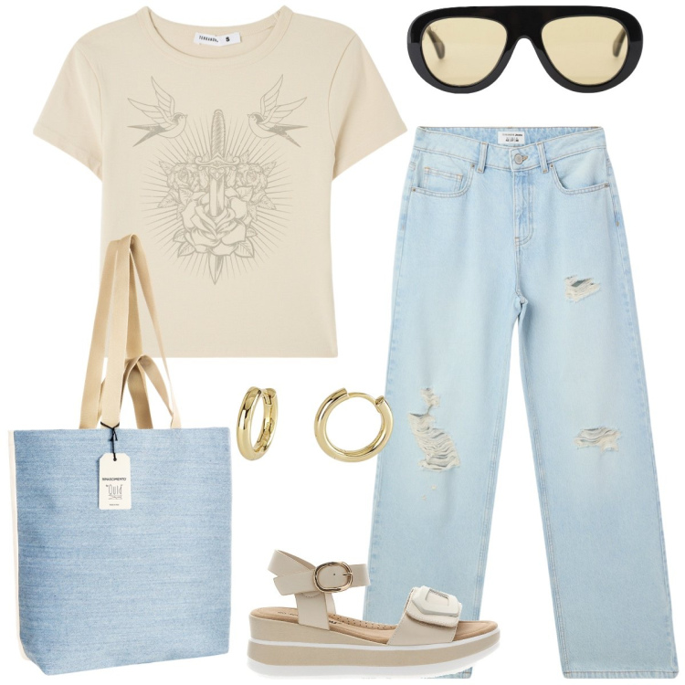 Outfit donna - In jeans. Stile Casual per Tutti i giorni. Abbinamento con jeans strappati, t-shirt, orecchini, borse tote, occhiali da sole, sandali.