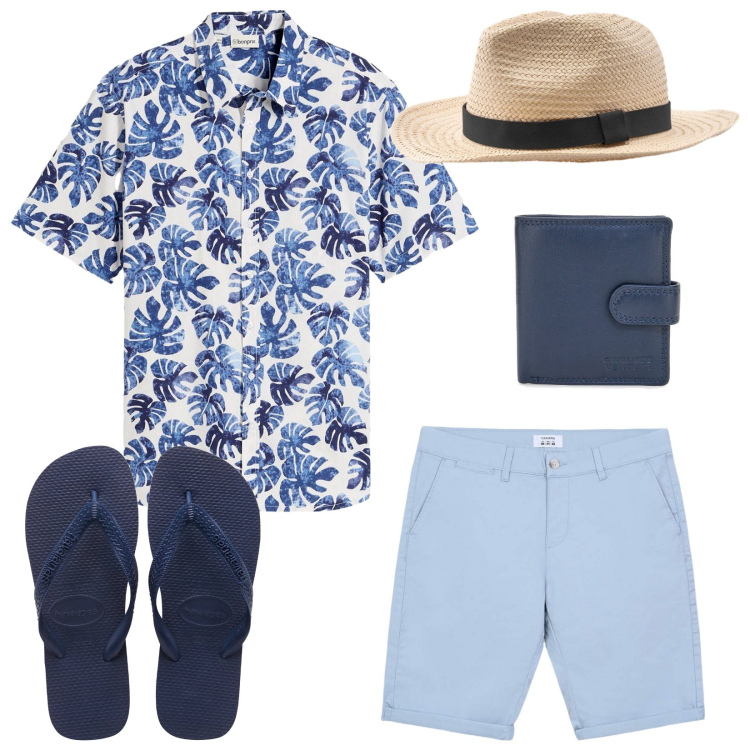 Outfit uomo - Dalla sdraio all\'aperitivo in un soffio. Stile Casual per Mare. Abbinamento con camicie a manica corta, bermuda, sandali, portafogli, cappelli.