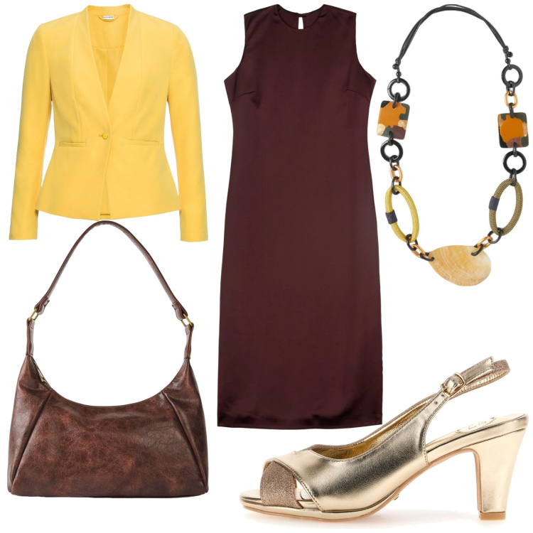 Outfit donna - Oro e cioccolato. Stile Casual chic per Tutti i giorni. Abbinamento con blazer, borse a mano, vestiti midi/longuette, sandali col tacco, collane.