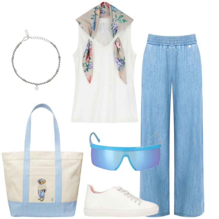 Outfit donna - Al mercato. Stile Casual per Tutti i giorni. Abbinamento con sneakers, top, braccialetti con ciondoli, jeans dritti, borse tote, occhiali da sole.