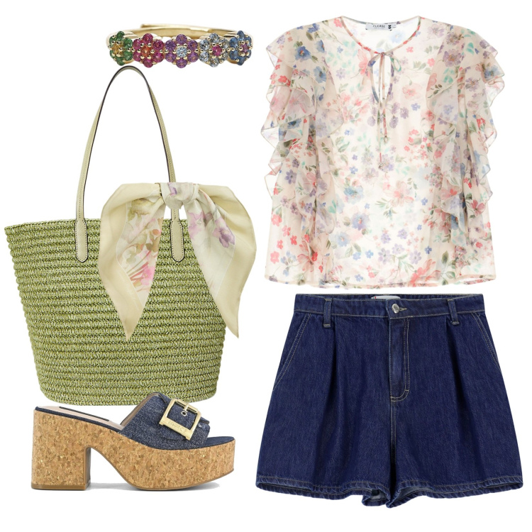 Outfit donna - Fiori e trasparenze. Stile Boho per Tutti i giorni. Abbinamento con anelli, shorts, camicie a manica corta, foulard, borse tote, sandali.