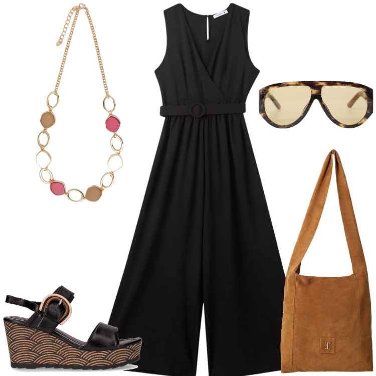Outfit donna - Total look #2199367. Stile Casual per Tutti i giorni. Abbinamento con tute, occhiali da sole, borse a tracolla, collane, sandali col tacco.